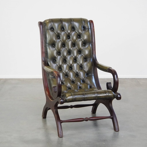 Green Beef Leather Chesterfield Armchair Combined With Wood