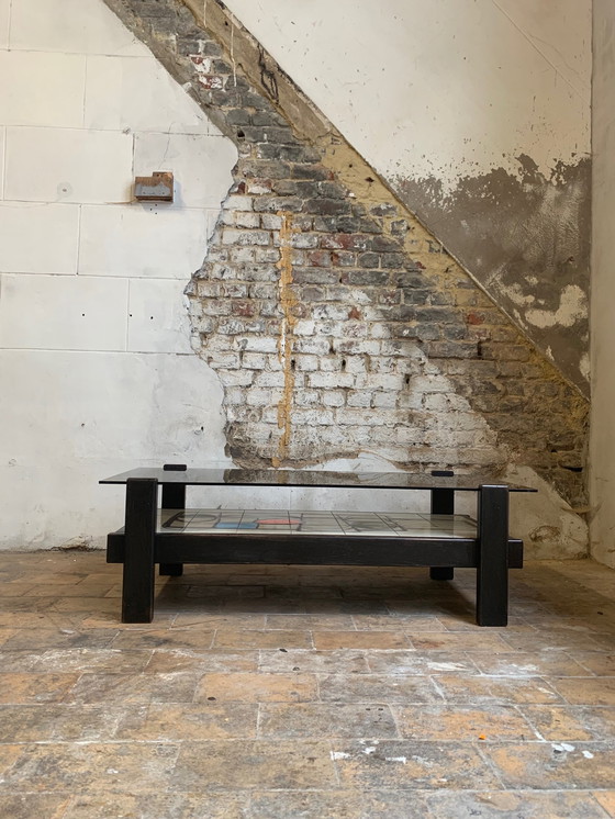 Image 1 of Coffee table from the 1960s/70s in dark stained wood, ceramic tiles and original smoked glass top