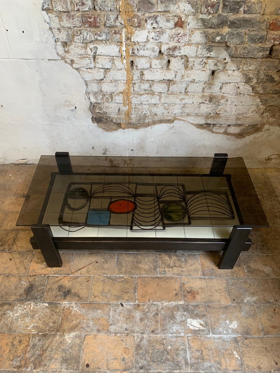 Image 1 of Coffee table from the 1960s/70s in dark stained wood, ceramic tiles and original smoked glass top