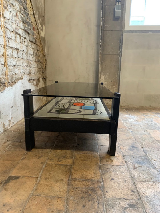 Image 1 of Coffee table from the 1960s/70s in dark stained wood, ceramic tiles and original smoked glass top