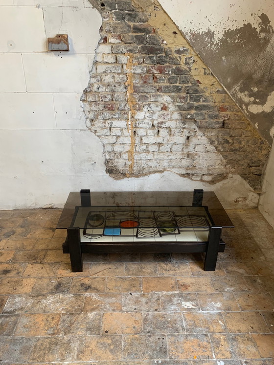 Image 1 of Coffee table from the 1960s/70s in dark stained wood, ceramic tiles and original smoked glass top