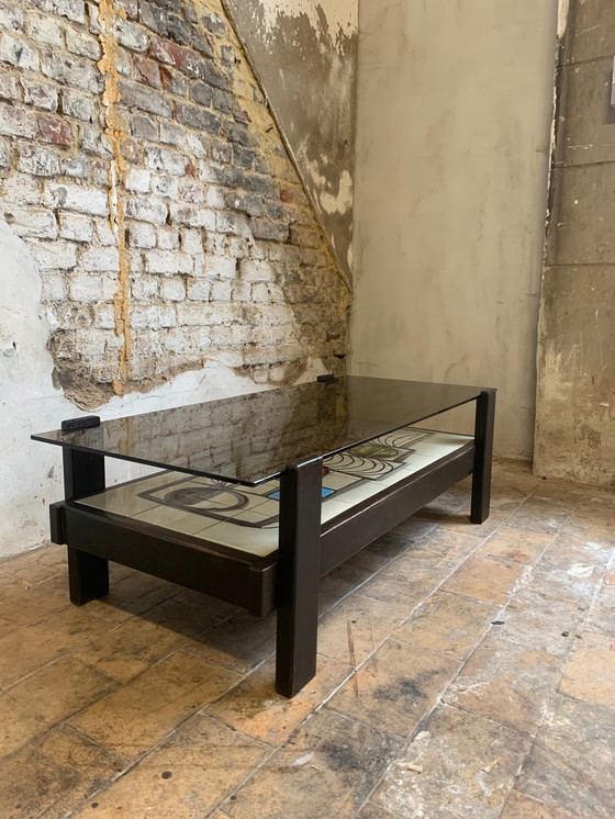 Image 1 of Coffee table from the 1960s/70s in dark stained wood, ceramic tiles and original smoked glass top