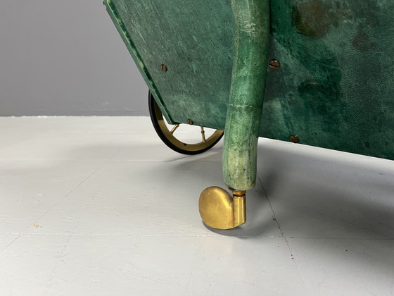 Image 1 of Italian Lacquered Goatskin Swan Bar Cart by Aldo Tura, 1960s