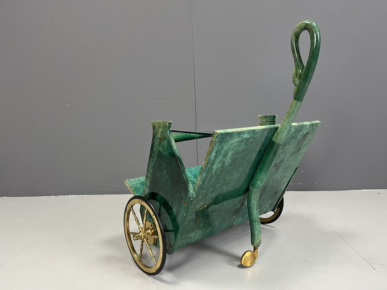 Image 1 of Italian Lacquered Goatskin Swan Bar Cart by Aldo Tura, 1960s