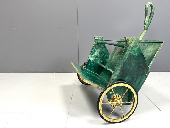 Image 1 of Italian Lacquered Goatskin Swan Bar Cart by Aldo Tura, 1960s