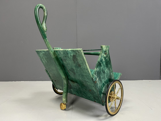 Image 1 of Italian Lacquered Goatskin Swan Bar Cart by Aldo Tura, 1960s