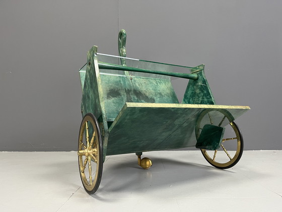 Image 1 of Italian Lacquered Goatskin Swan Bar Cart by Aldo Tura, 1960s