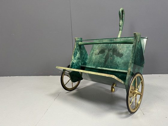 Image 1 of Italian Lacquered Goatskin Swan Bar Cart by Aldo Tura, 1960s