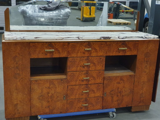 Art Deco Retro Walnut Wood Sideboard With Marble Top