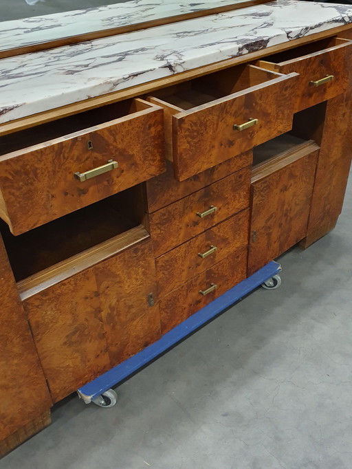 Art Deco Retro Walnut Wood Sideboard With Marble Top