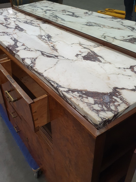 Image 1 of Art Deco Retro Walnut Wood Sideboard With Marble Top