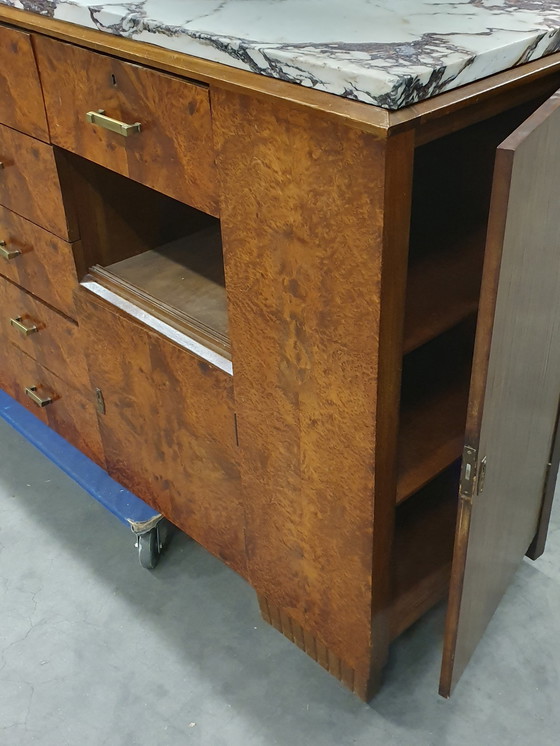 Image 1 of Art Deco Retro Walnut Wood Sideboard With Marble Top