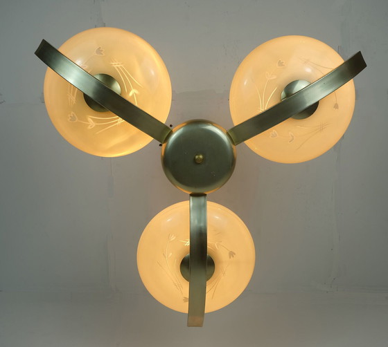 Image 1 of art deco CHANDELIER with 3 glass shades 1930s 40s 