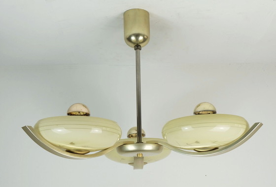 Image 1 of art deco CHANDELIER with 3 glass shades 1930s 40s 