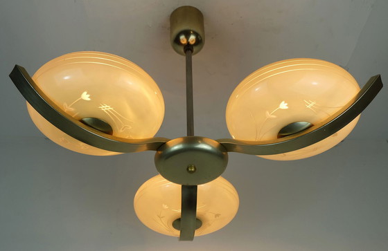 Image 1 of art deco CHANDELIER with 3 glass shades 1930s 40s 