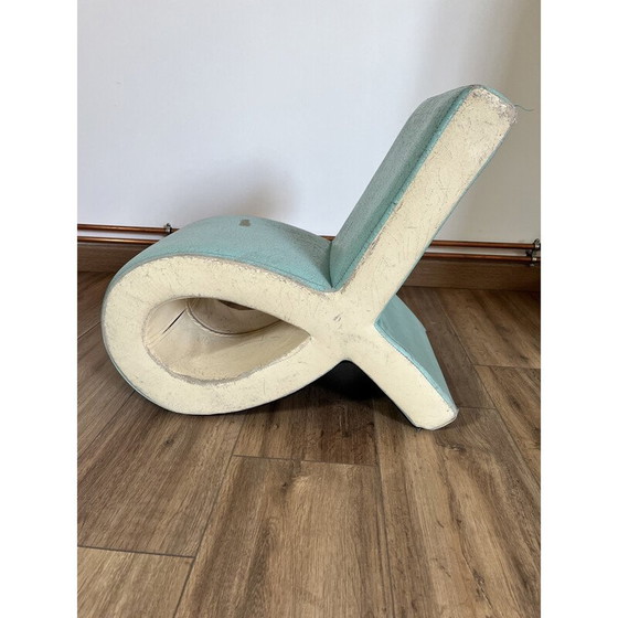 Image 1 of Poltrona da camino Vintage Wave in legno e similpelle blu