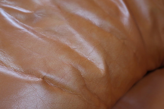 Image 1 of Poltrona vintage a treppiede in pelle, rattan e rovere