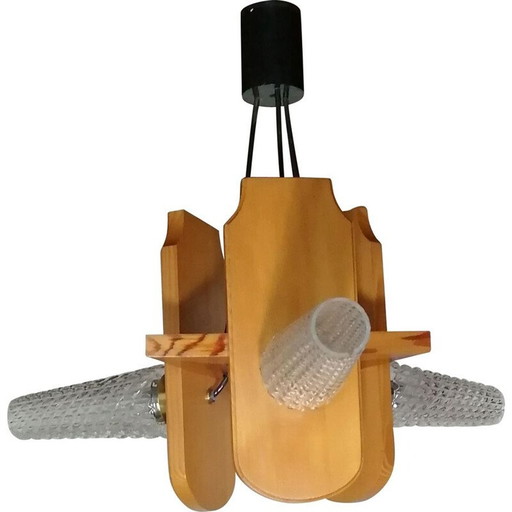 Vintage 3-branch glass and varnished wood chandelier, 1960