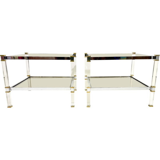 Image 1 of Pair of vintage brass and glass side tables, 1970