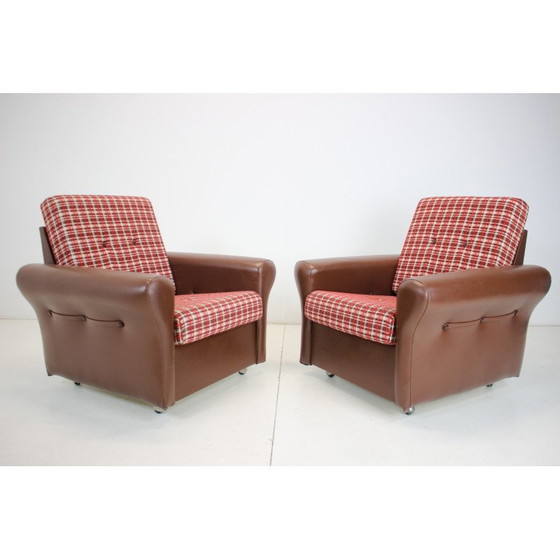Image 1 of Pair of mid-century fabric and leatherette armchairs, Czechoslovakia 1960s