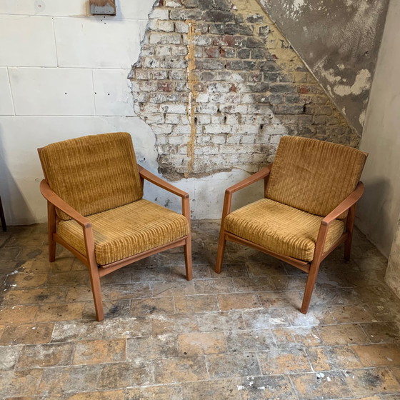 Image 1 of air of Scandinavian armchair in wood and mustard yellow corduroy fabric, 1960-70s