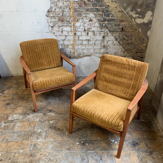 Image 1 of air of Scandinavian armchair in wood and mustard yellow corduroy fabric, 1960-70s