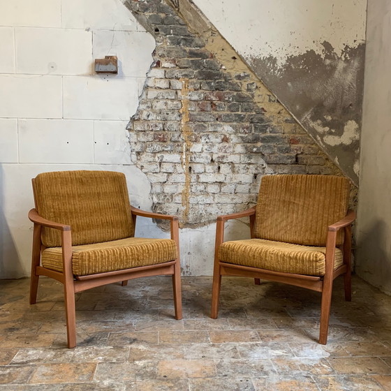 Image 1 of air of Scandinavian armchair in wood and mustard yellow corduroy fabric, 1960-70s