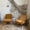 air de fauteuil scandinave en bois et tissu velours jaune moutarde, 1960-70s