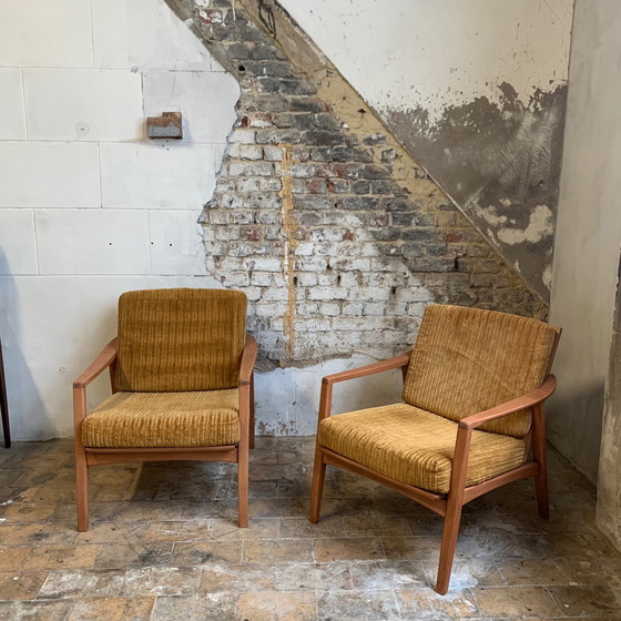 Image 1 of air of Scandinavian armchair in wood and mustard yellow corduroy fabric, 1960-70s