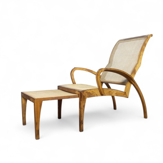 Image 1 of Lettino prendisole vintage in faggio e rattan, anni '40