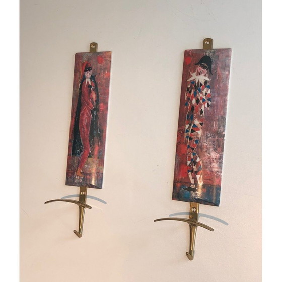 Image 1 of Pair of vintage coat hooks depicting characters from the Comedia Del Arte, 1970