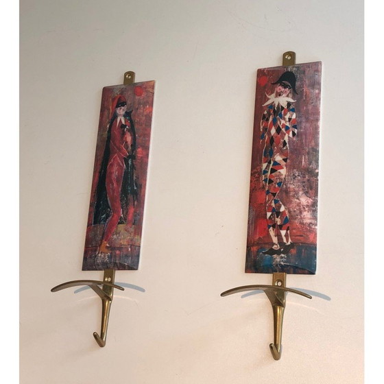 Image 1 of Pair of vintage coat hooks depicting characters from the Comedia Del Arte, 1970