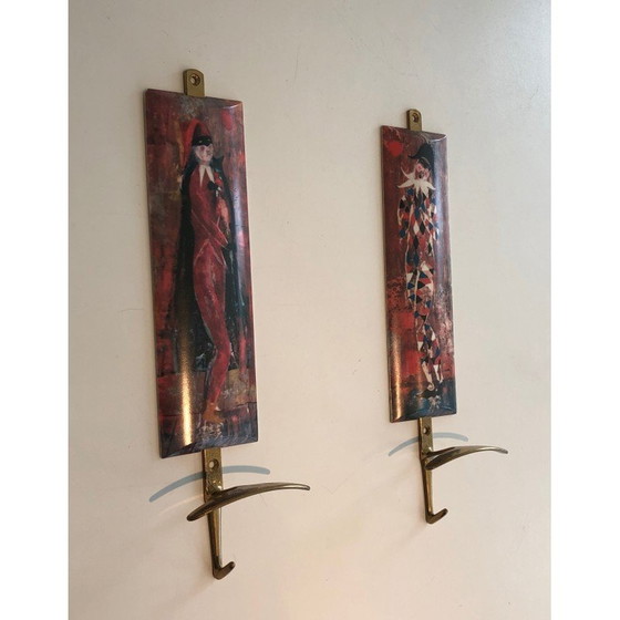 Image 1 of Pair of vintage coat hooks depicting characters from the Comedia Del Arte, 1970