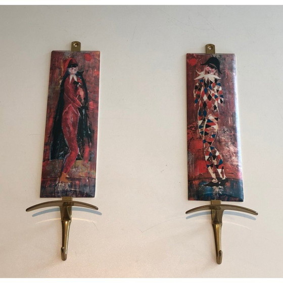 Image 1 of Pair of vintage coat hooks depicting characters from the Comedia Del Arte, 1970