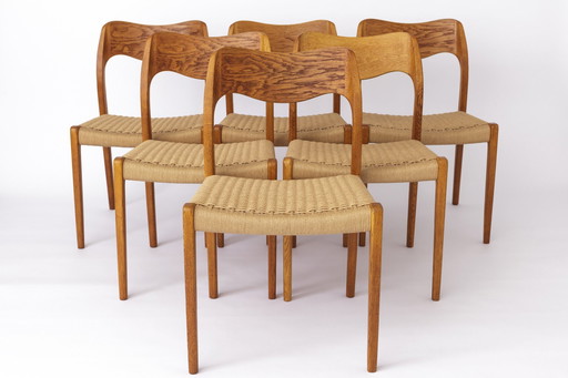 6 Niels Moller Chairs, Model 71, Oak, 1950S, Danish Vintage, Set Of 6, Papercord Seats