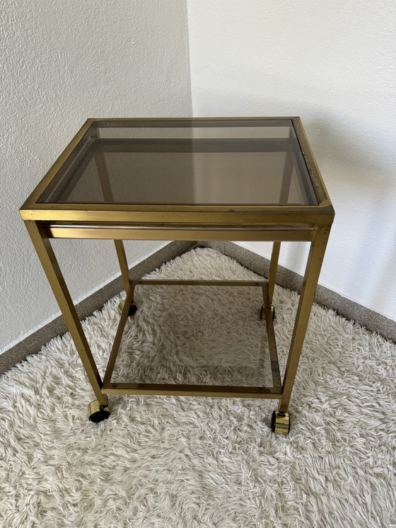 Image 1 of Rolling Sideboard Brass Smoked Glass 70s