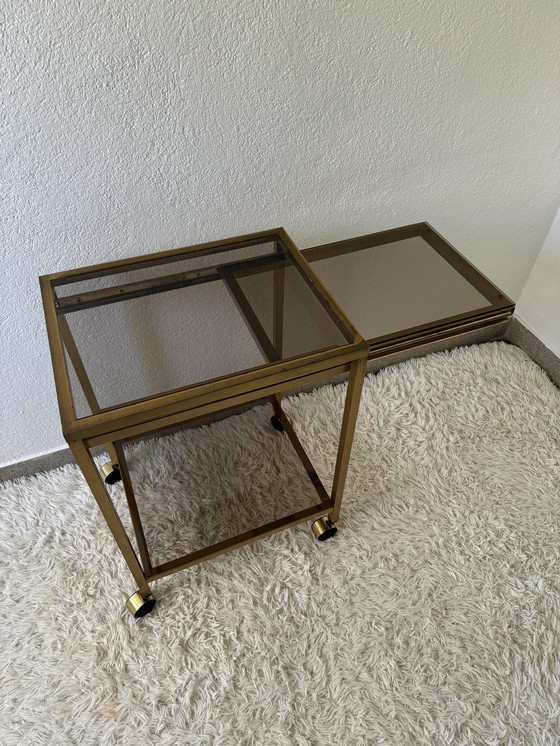 Image 1 of Rolling Sideboard Brass Smoked Glass 70s