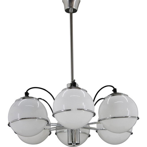 Vintage Italian chrome and opaline glass chandelier by Targetti Sankey, 1970s
