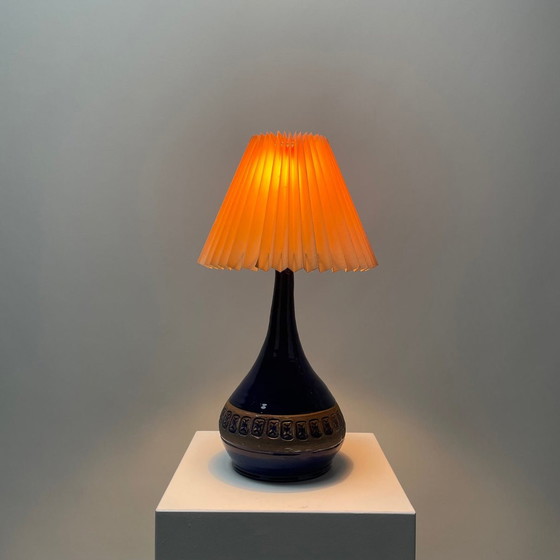 Image 1 of Danish blue ceramic table lamp from 1950.