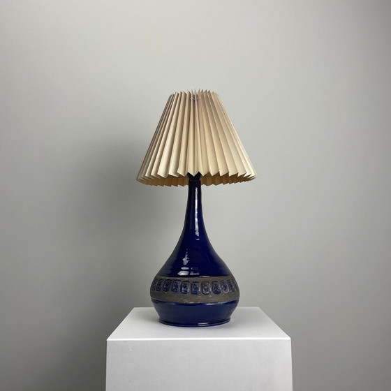 Image 1 of Danish blue ceramic table lamp from 1950.