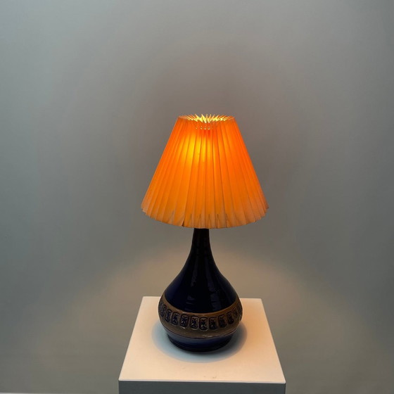 Image 1 of Danish blue ceramic table lamp from 1950.