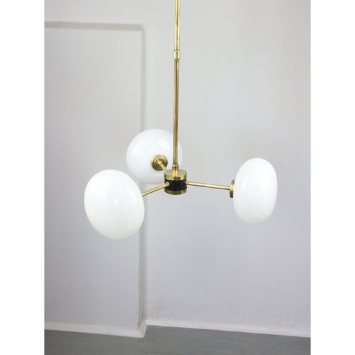Mid-century brass and opaline glass chandelier
