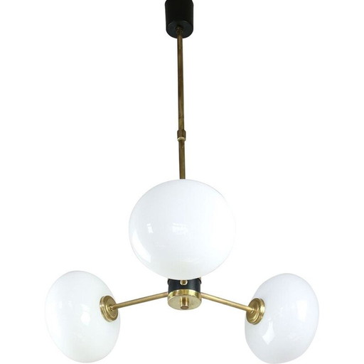 Mid-century brass and opaline glass chandelier