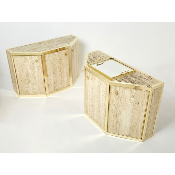 Image 1 of Pair of vintage brass and travertine cabinets by Alfredo Freda for Cittone Oggi, Italy 1975