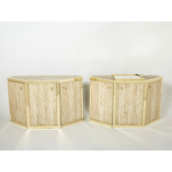 Image 1 of Pair of vintage brass and travertine cabinets by Alfredo Freda for Cittone Oggi, Italy 1975