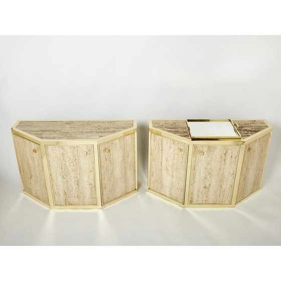 Image 1 of Pair of vintage brass and travertine cabinets by Alfredo Freda for Cittone Oggi, Italy 1975