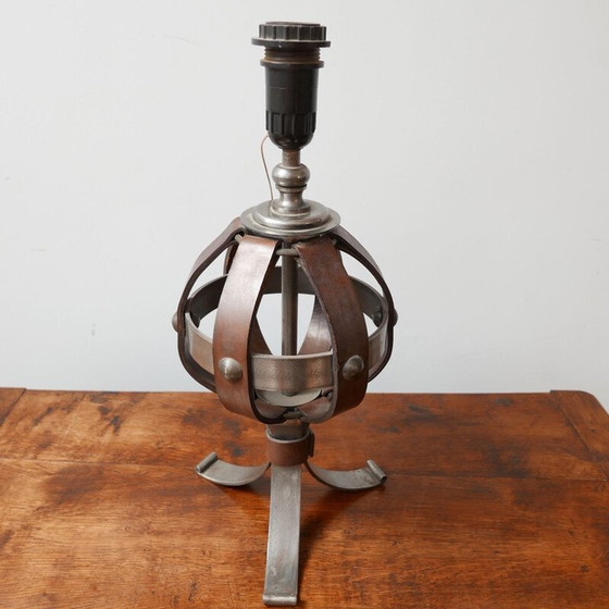 Image 1 of Mid century leather and iron table lamp by Jean-Pierre Ryckaert, France 1950s