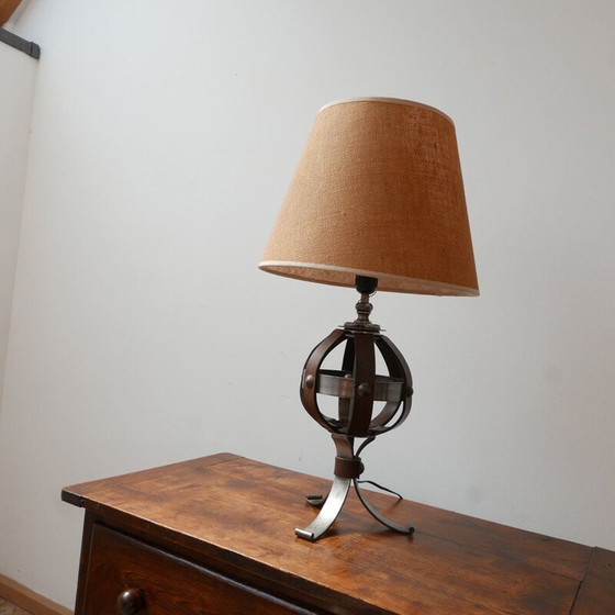 Image 1 of Mid century leather and iron table lamp by Jean-Pierre Ryckaert, France 1950s