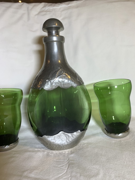 Gero - Georg Nilsson - Triangular Green Glass Carafe And Two Glasses