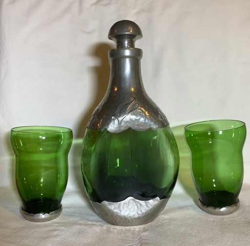 Gero - Georg Nilsson - Triangular Green Glass Carafe And Two Glasses